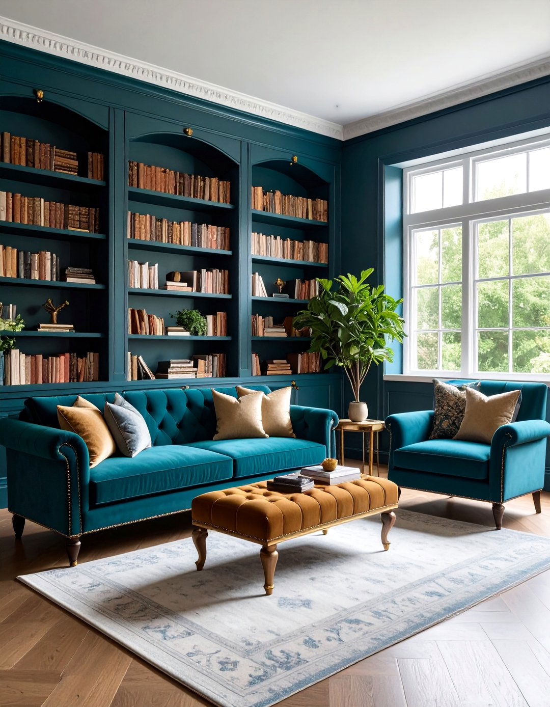 Luxe Dark Painted Bookcases Around Window with Brass Accents - 25 Bookcases Around Window Design Ideas