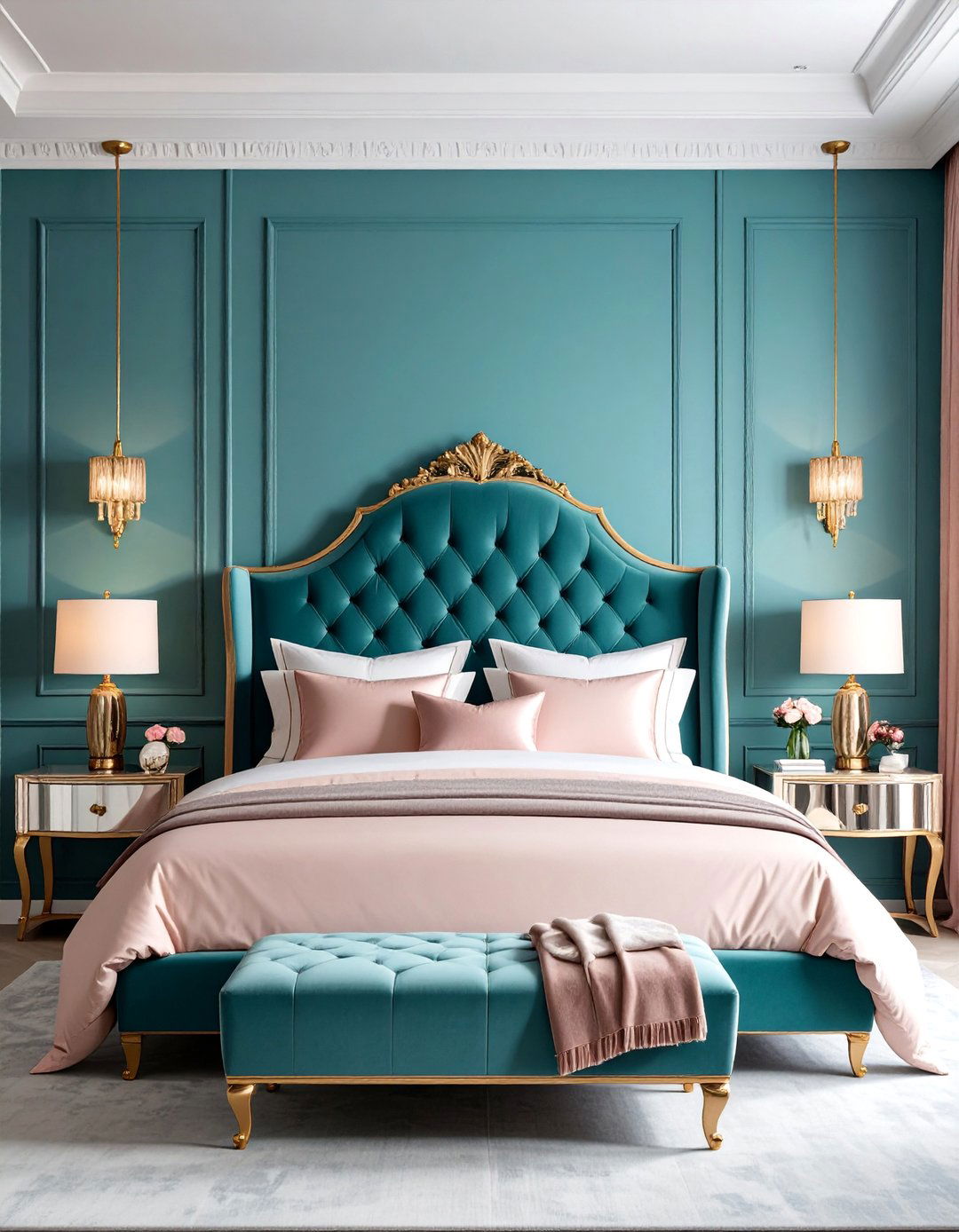 Luxe Hotel Teal and Blush Pink Bedroom with Upholstered Details - 25 Teal and Pink Bedroom Ideas