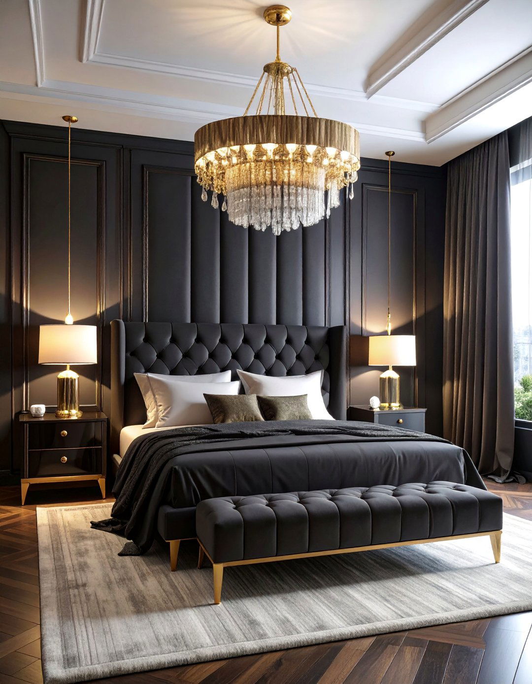 Luxe Matte Black Bedroom with Gold Art Deco Accents - 25 Matte Black Bedroom Ideas