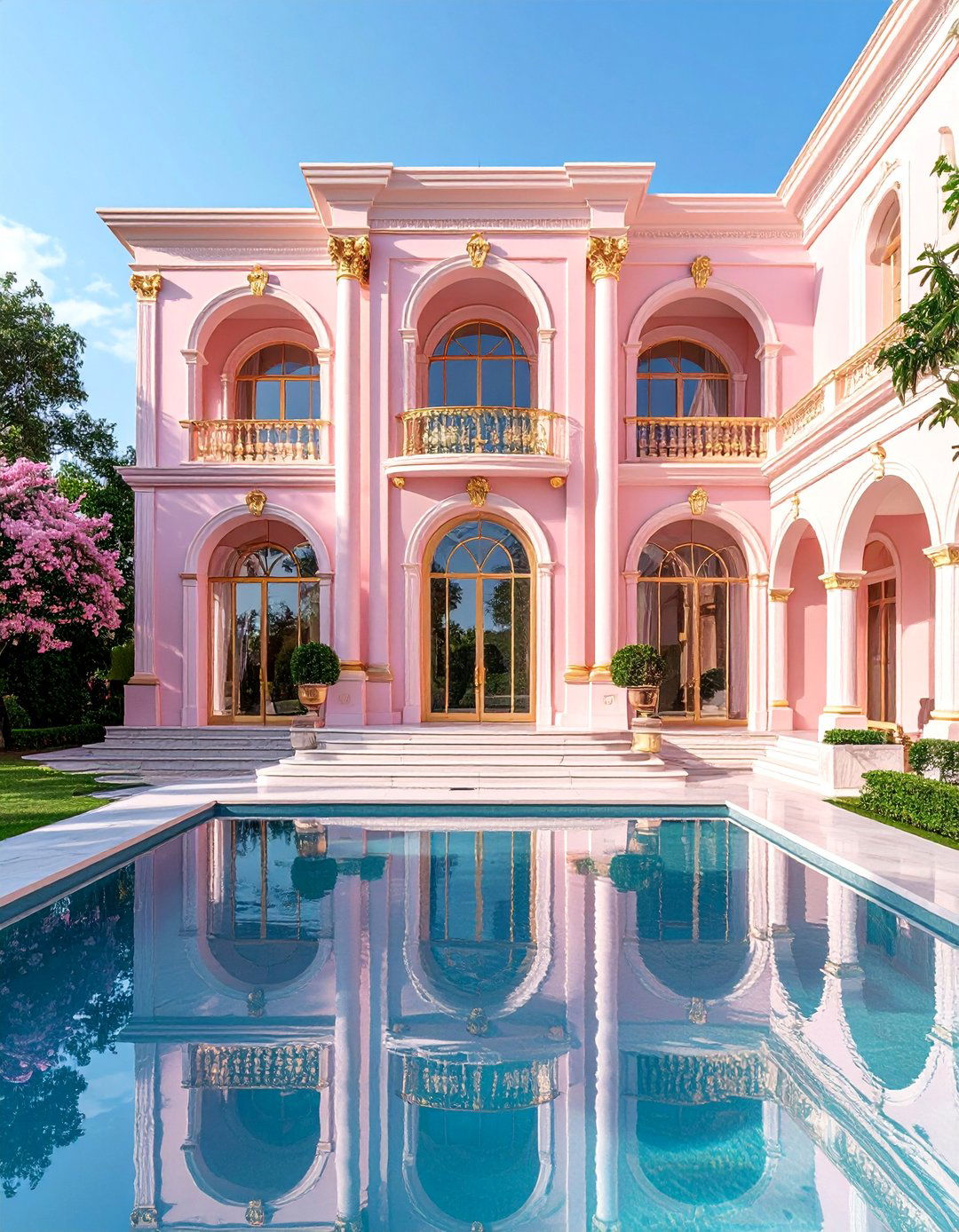 Luxe Pale Pink House Exterior with Gold Hardware - 25 Pink House Exterior Ideas