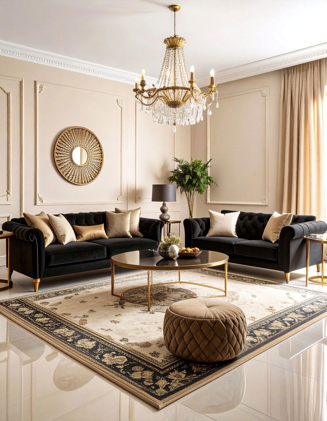 Luxe Velvet Black Beige Living Room - 25 Black and Beige Living Room Ideas