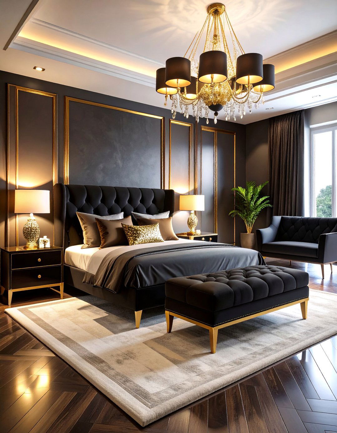 Luxurious Black Gold Master Suite Lounge - 25 Black and Gold Living Room Ideas