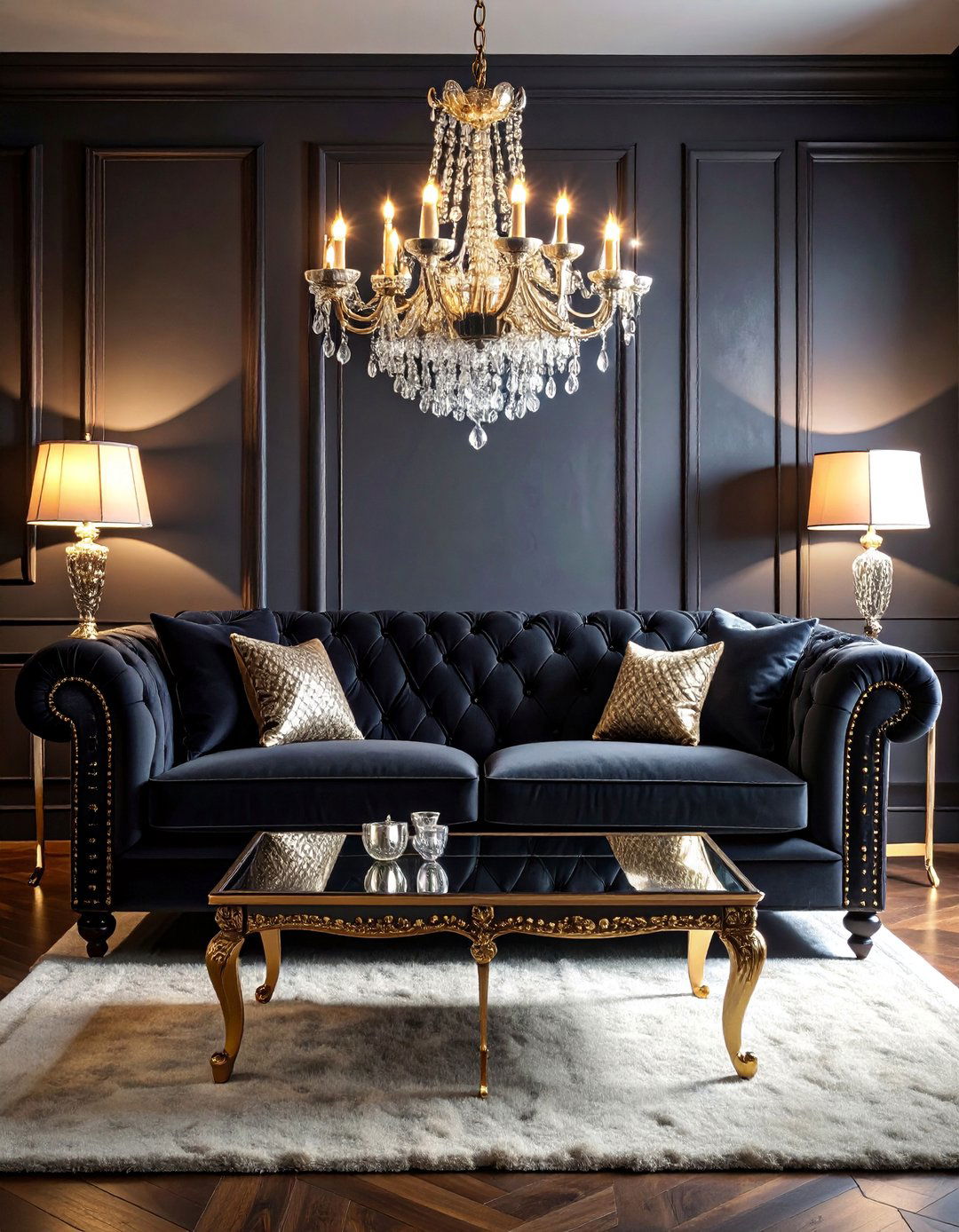Luxurious Glam Black Velvet Chesterfield Design - 25 Living Room Ideas With Black Couches