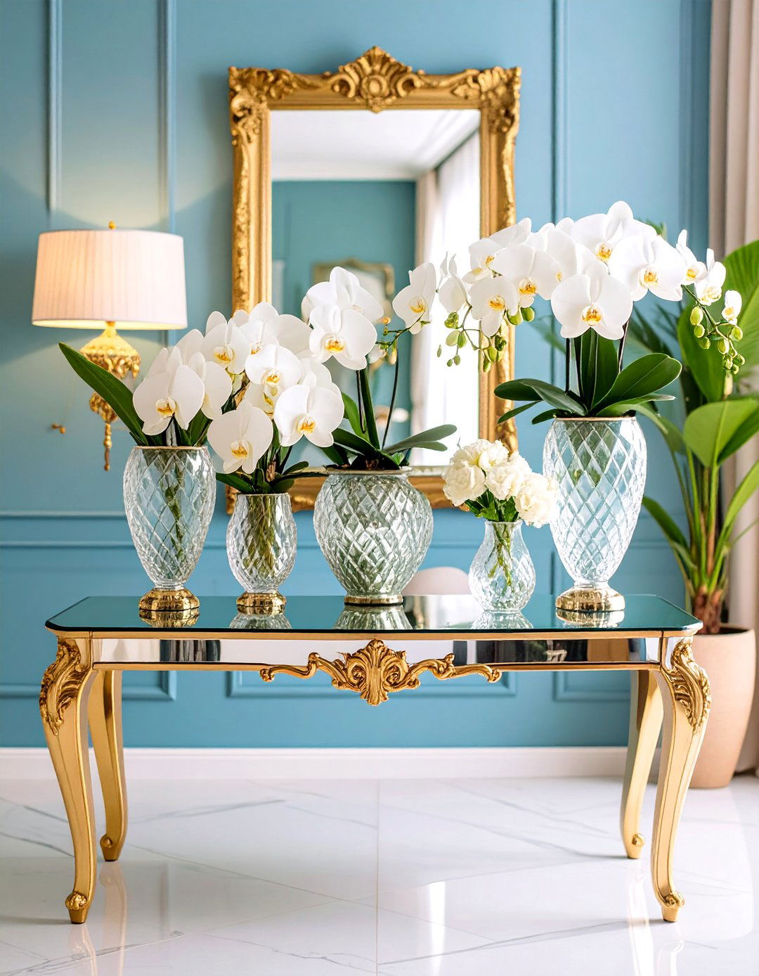 Luxurious Glam Console with Metallic Finishes - 25 Sofa Table Decor Ideas