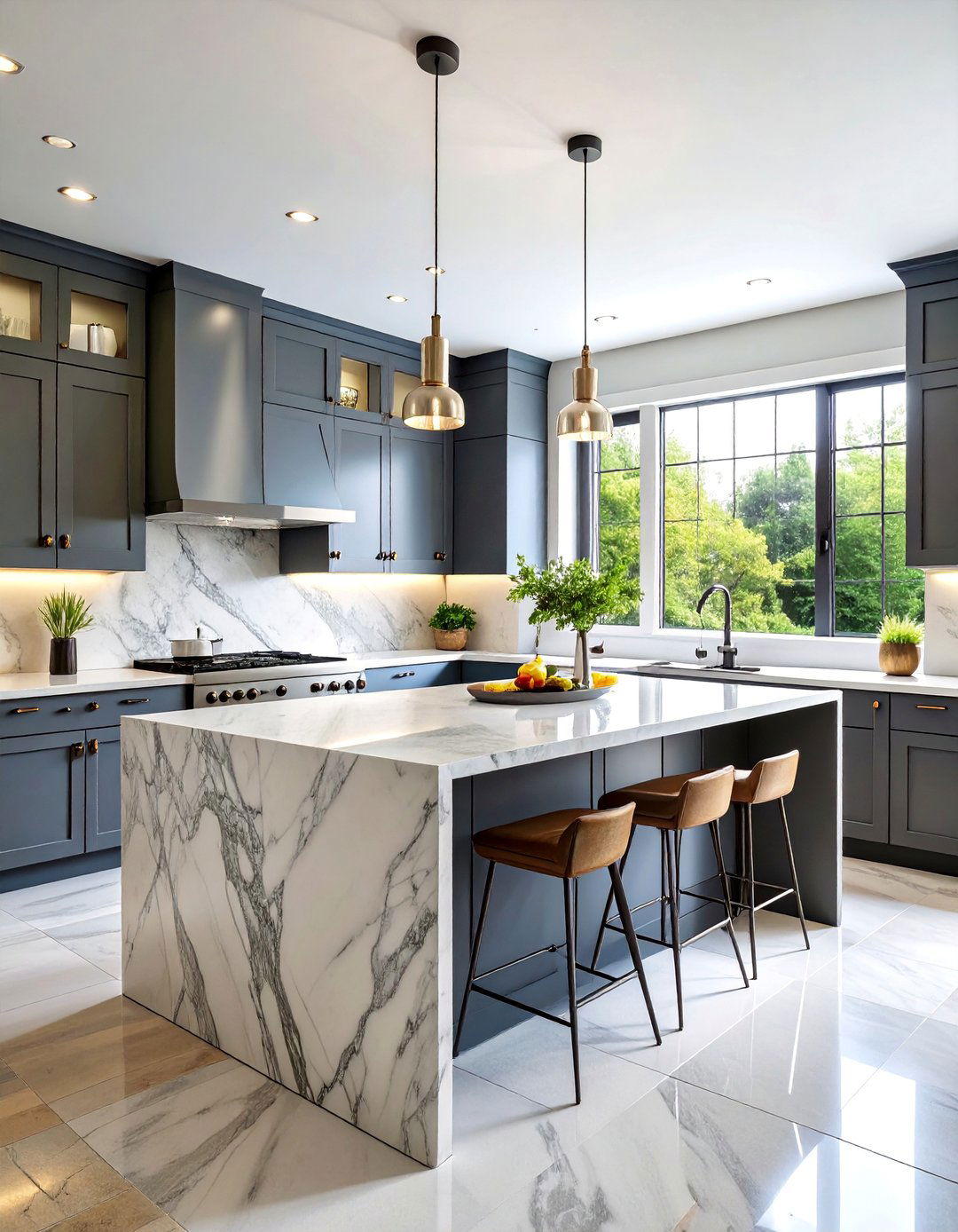 Luxurious Kitchen with Waterfall Island - 25 Transitional Kitchen Ideas