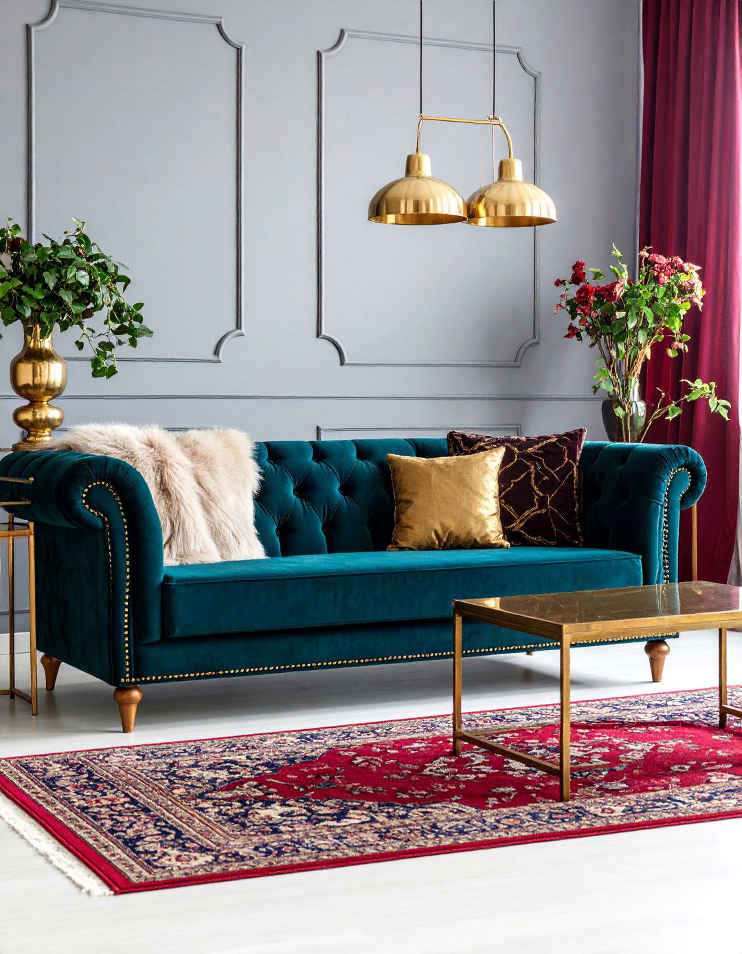 Luxurious Teal Velvet Sofa with Brass Accents - 25 Teal Couch Living Room Ideas