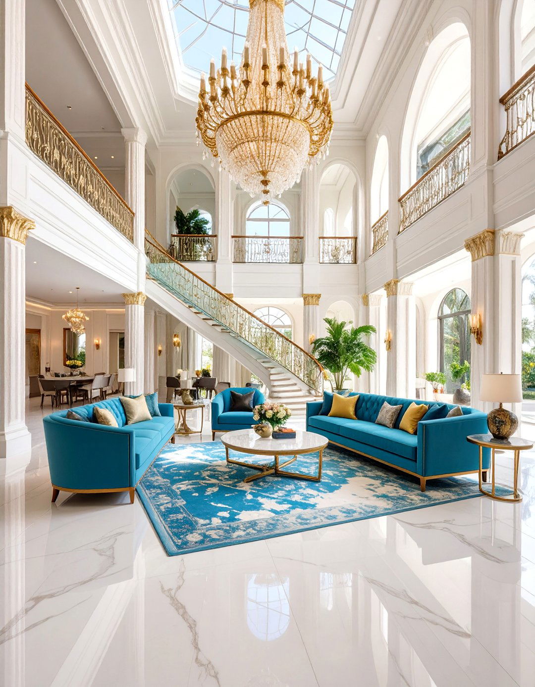 Luxurious Two Story Marble Floor Living Room with Cantilevered Staircase - 25 Marble Floor Living Room Ideas