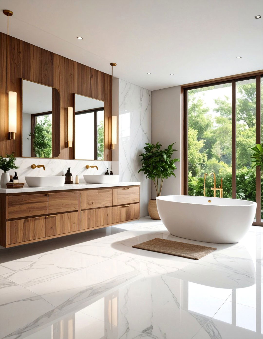 Luxurious White Marble with Brown Wood Accents - 25 Brown and White Bathroom Ideas