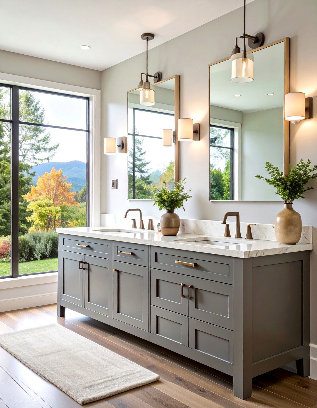 Luxury Ash Grey Double Vanity with Waterfall Quartz - 25 Grey Bathroom Vanity Design Ideas