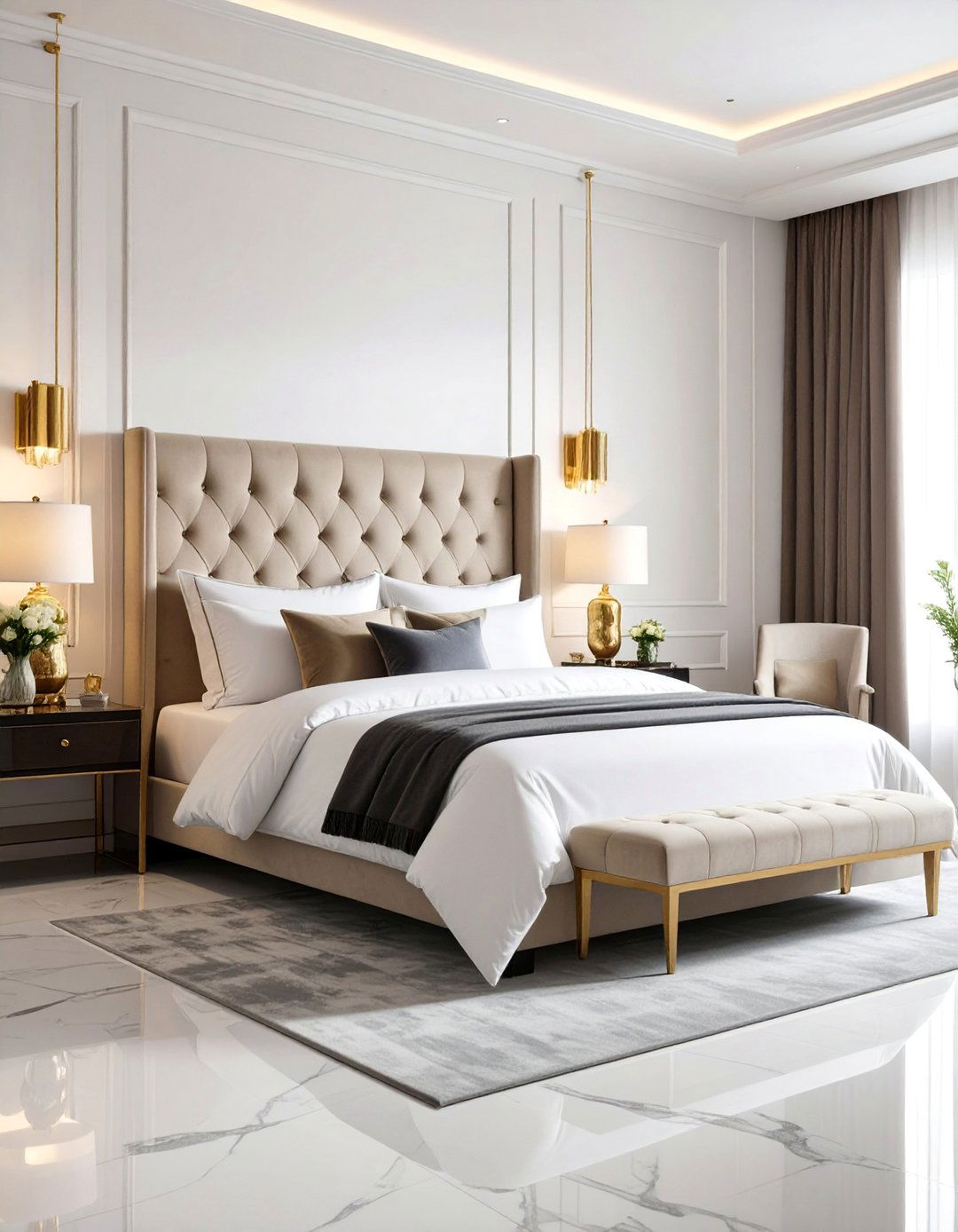 Luxury Bedroom with Black Marble Floors and Gold Accents - 25 Black Floor Bedroom Ideas