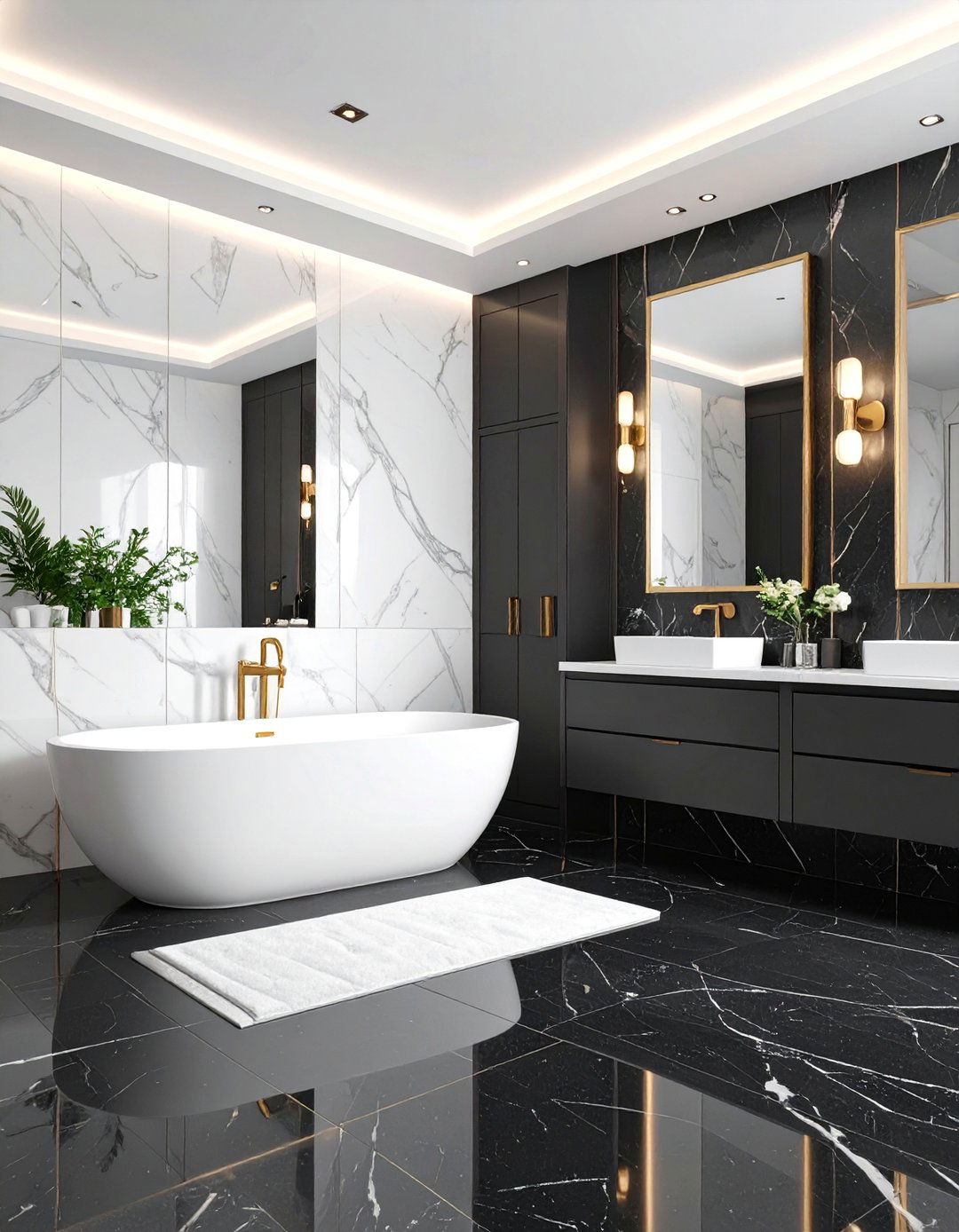 Luxury Black Granite Floor with White Marble Walls - 25 Black Floor Bathroom With White Walls Ideas