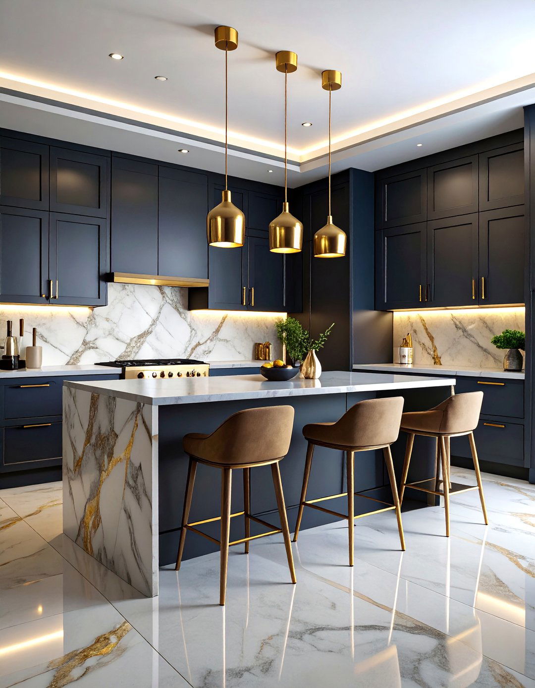 Luxury Black Kitchen with Gold Veined Marble and Designer Fixtures - 25 Kitchens With Black Cabinets