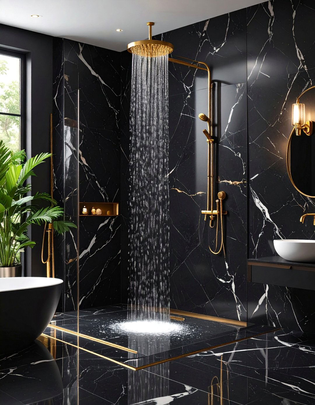 Luxury Black Marble Shower Wall with Dramatic Sophistication - 25 Shower Wall Ideas