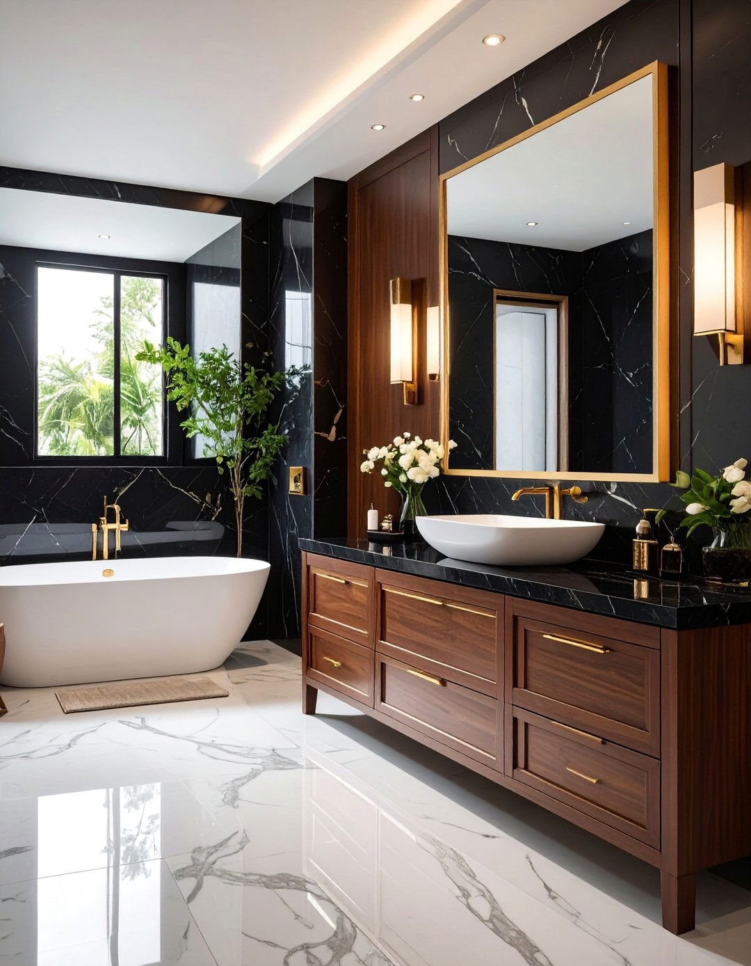 Luxury Black Marble with Rich Cherry Wood Vanity - 25 Black and Wood Bathroom Ideas