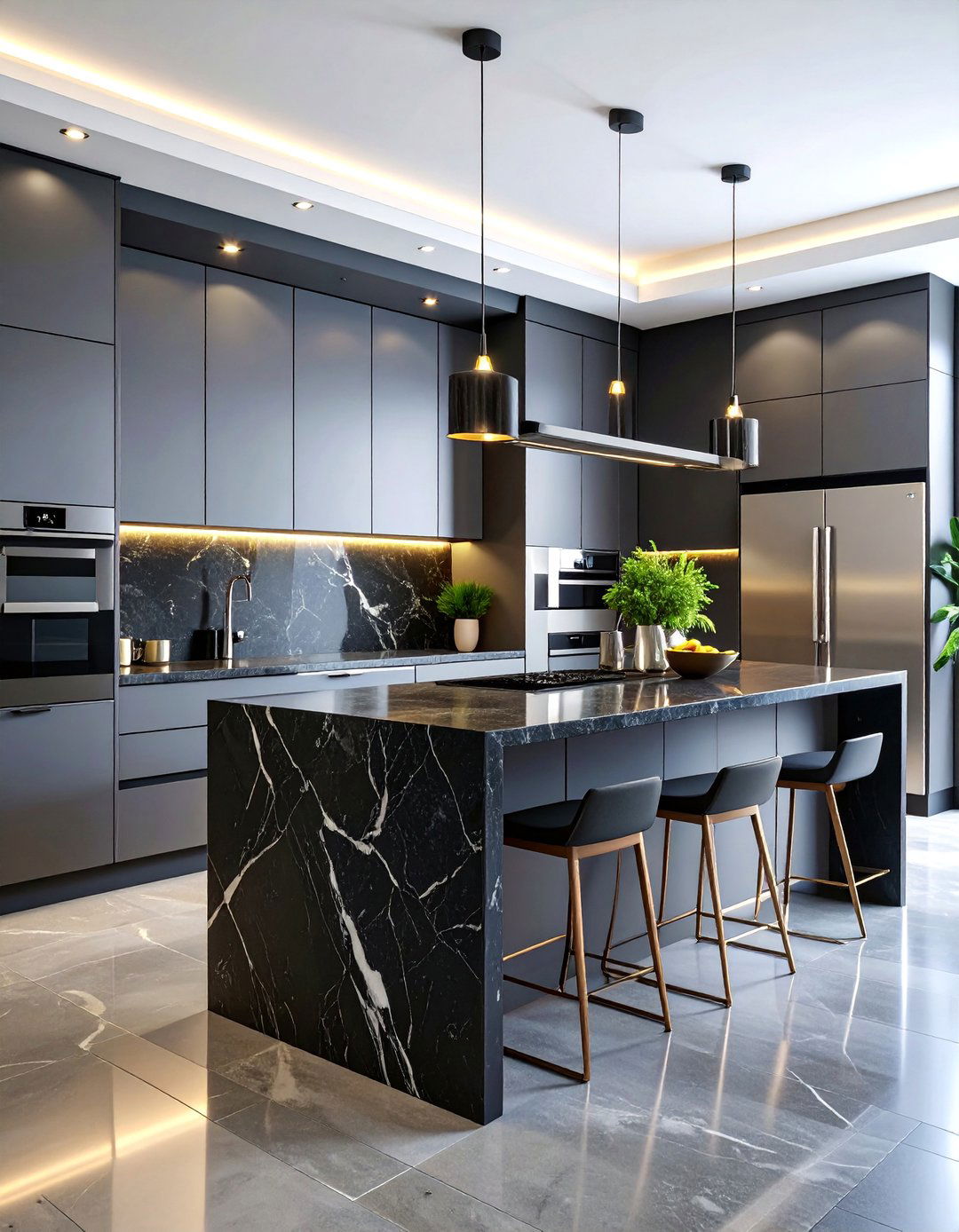Luxury Black Quartz Backsplash with Veining - 25 Kitchen With Black Backsplash