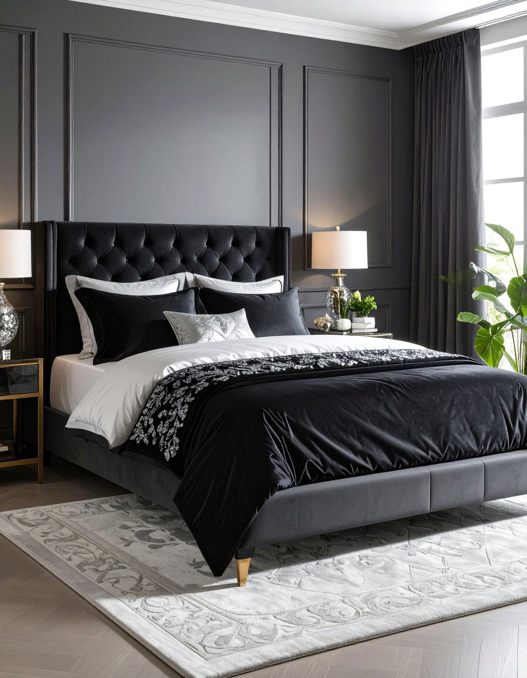 Luxury Black Velvet Bedding with Silver Embroidery - 25 Black and Silver Bedroom Ideas