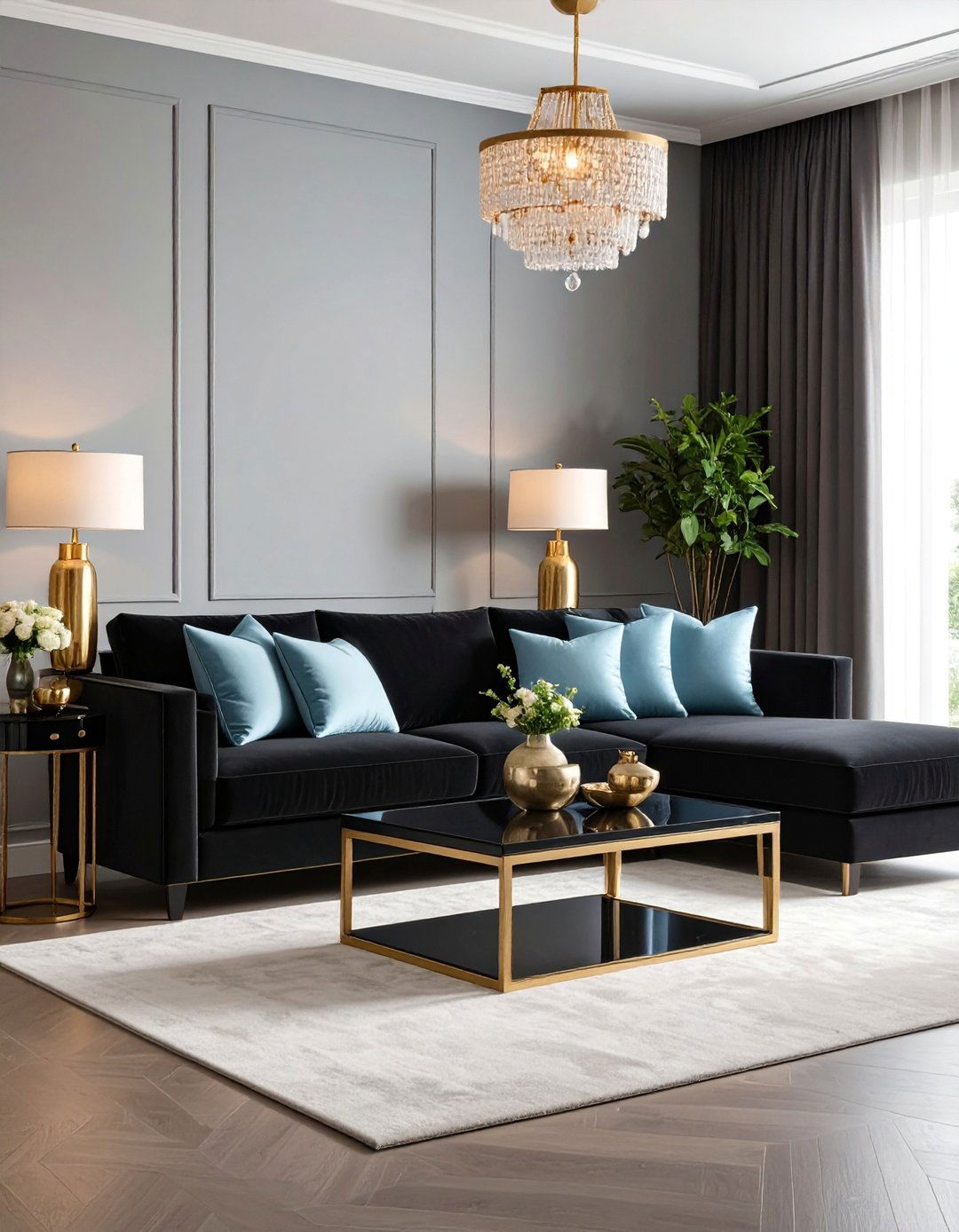 Luxury Black Velvet Sectional with Powder Blue Silk Pillows - 25 Black and Blue Living Room Ideas