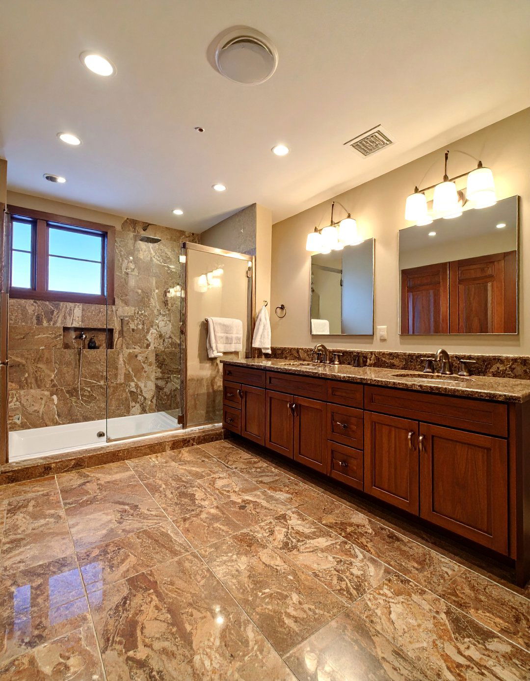 Luxury Brown Granite with White Marble Accents - 25 Brown and White Bathroom Ideas