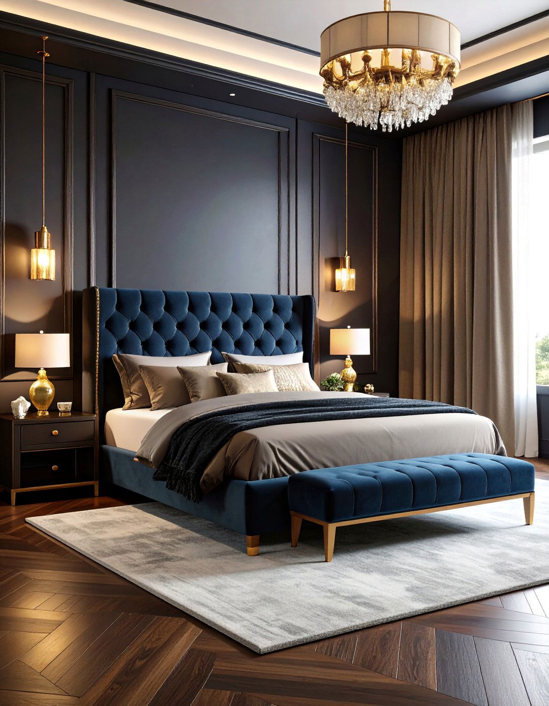 Luxury Dark Wood Bedroom with Velvet Upholstery - 25 Dark Wood Bedroom Ideas