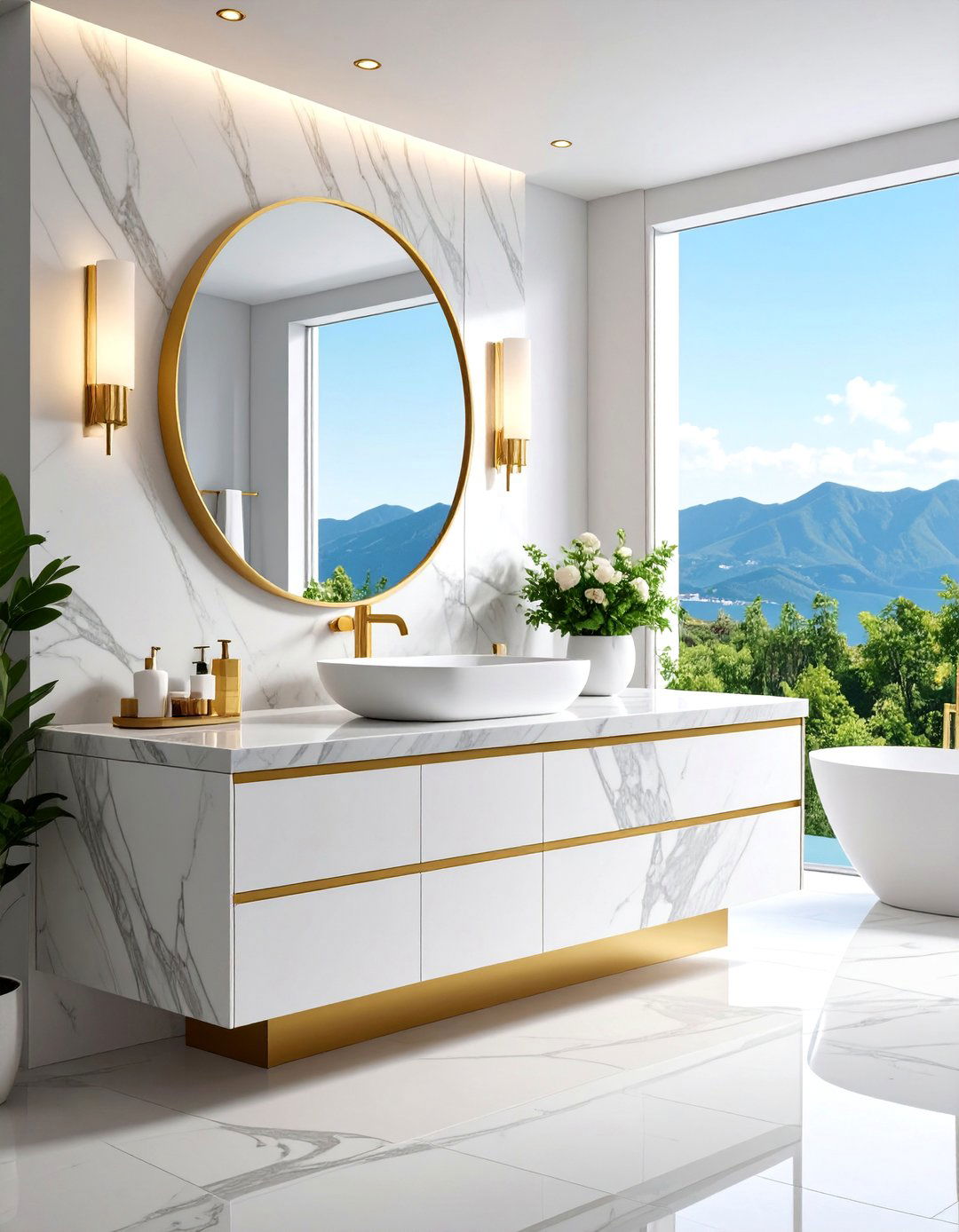 Luxury Floating Vanity with Quartz Waterfall Edge and Gold Accents - 25 Floating Vanity Bathroom Ideas