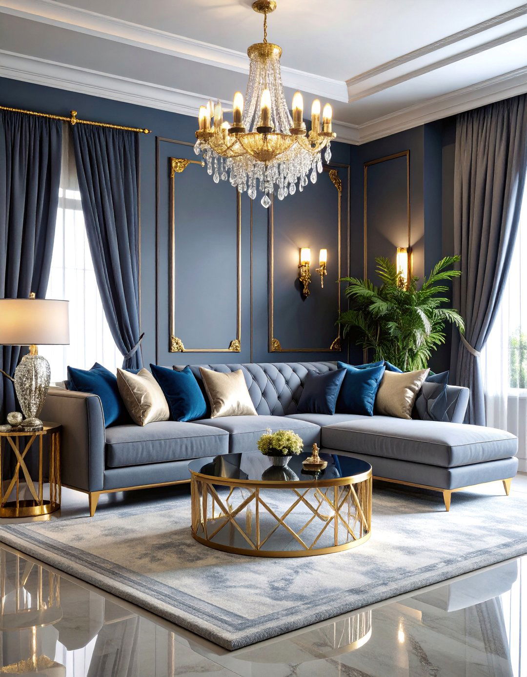 Luxury Glam Grey Couch Living Room with Metallic Accents - 25 Grey Couch Living Room Ideas