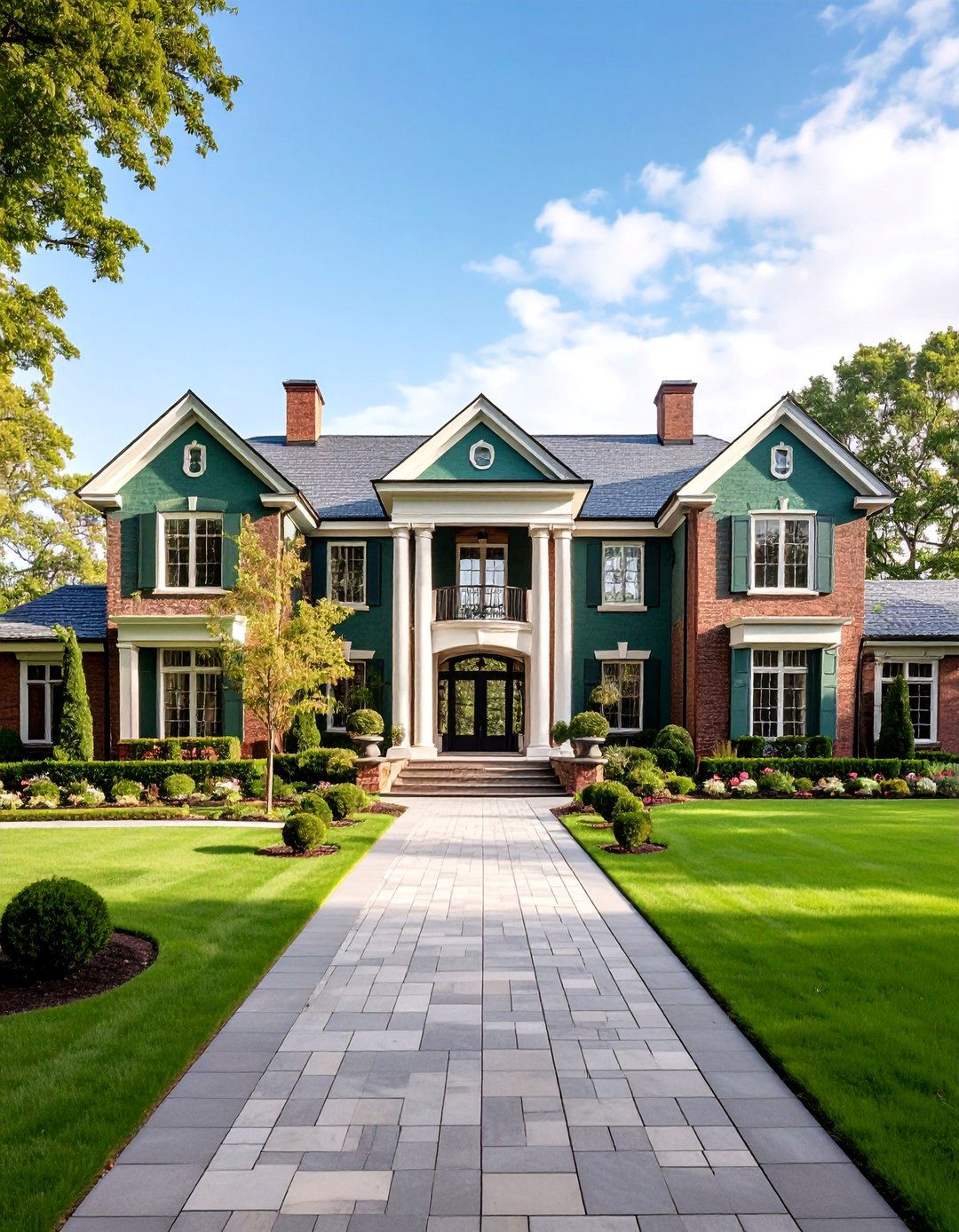 Luxury Green Brick Estate with Formal Gardens - 25 Green Brick Exterior Home Ideas