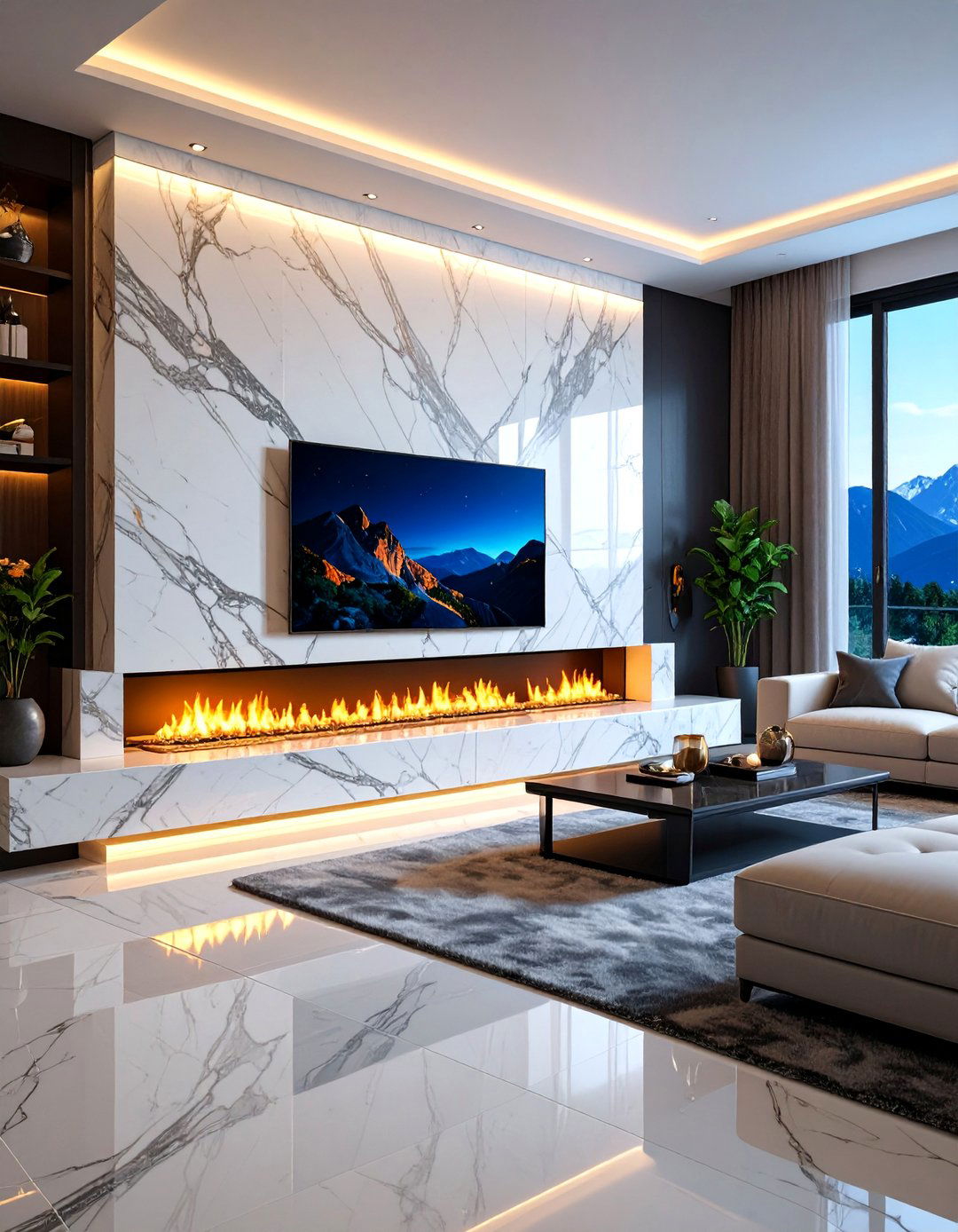 Luxury Marble Linear Fireplace with Illuminated TV Alcove - 25 Linear Fireplace Ideas With Tv Above