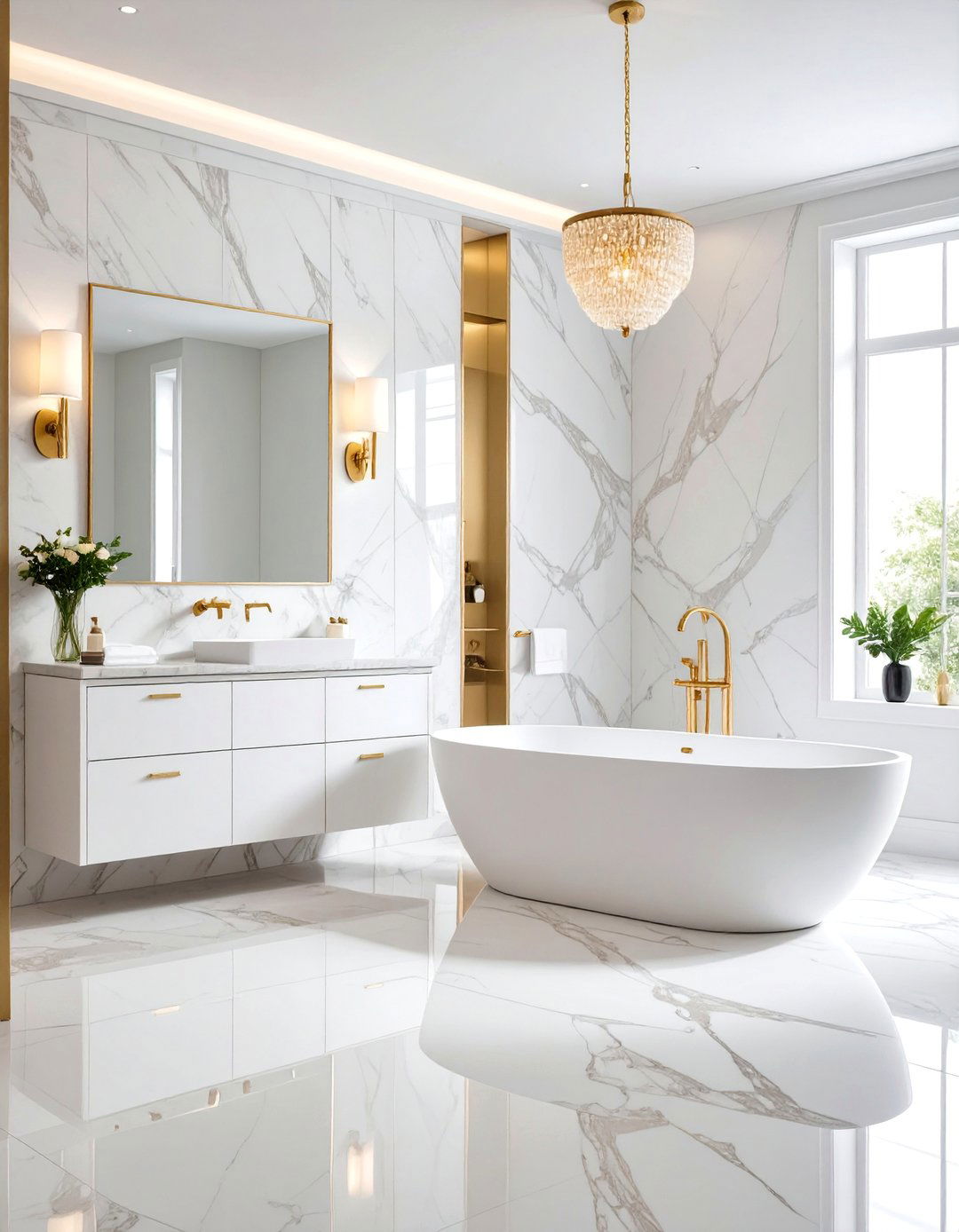 Luxury Master Bathroom with Beige Marble and White Fixtures - 25 Beige and White Bathroom Ideas