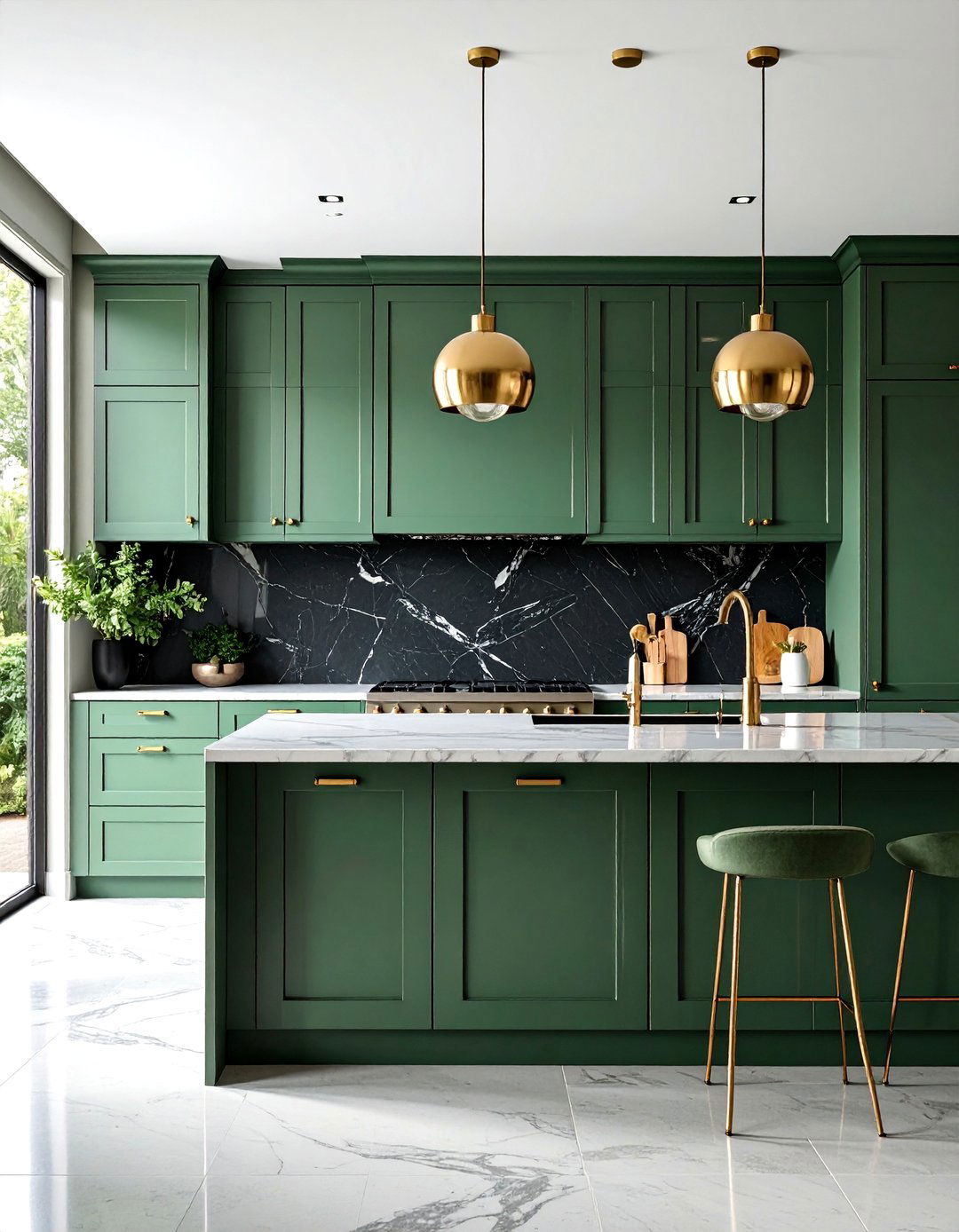Luxury Modern Kitchen with Sage Green Cabinets and Black Stone Slab - 25 Sage Green and Black Kitchen Ideas