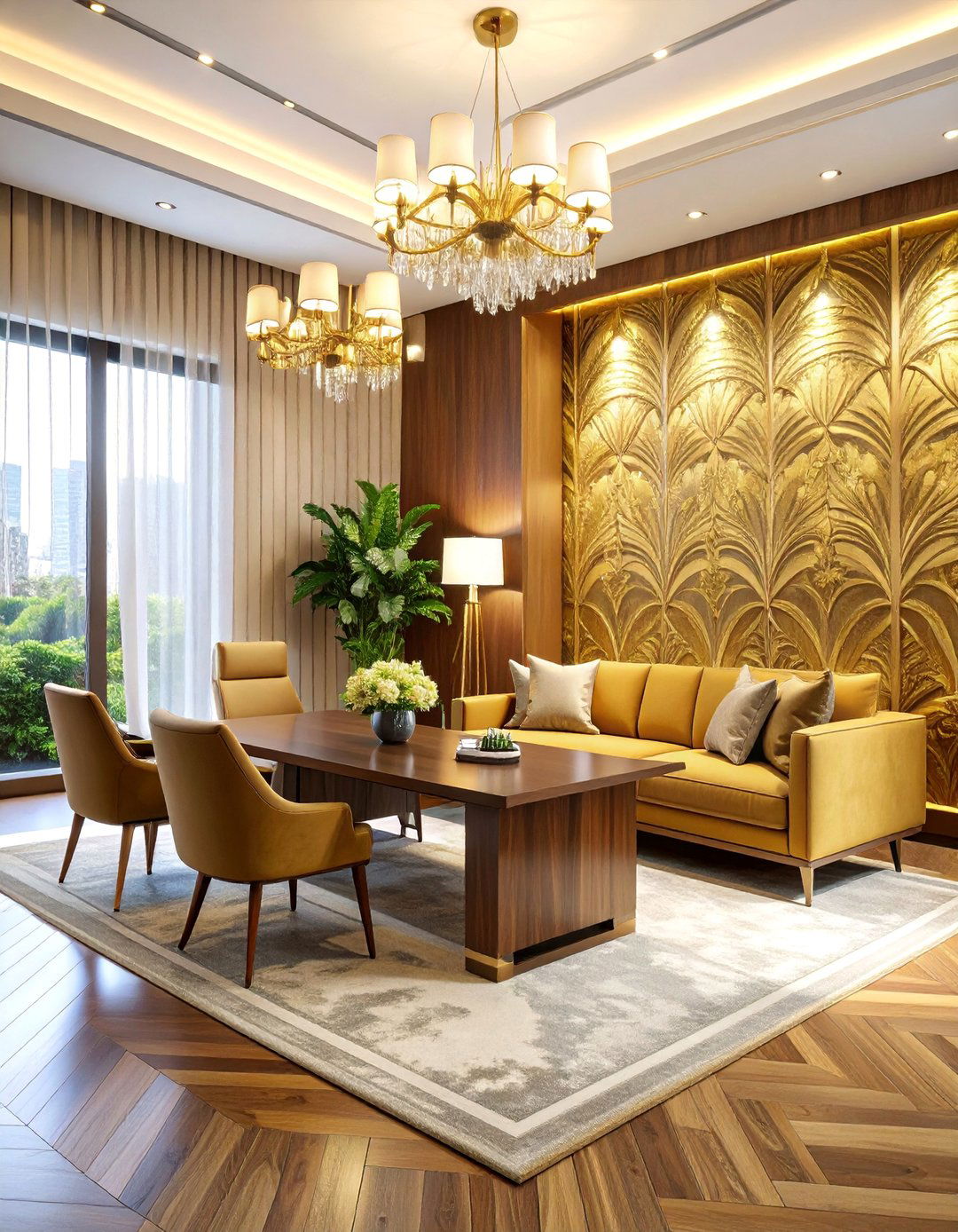 Luxury Office with Metallic Wallpaper Accent Wall - 25 Office Accent Wall Ideas