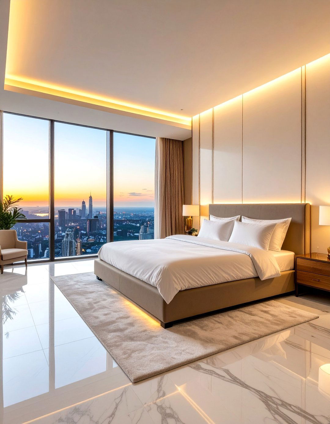 Luxury Penthouse Bedroom with Black Marble Floors and City Views - 25 Black Floor Bedroom Ideas