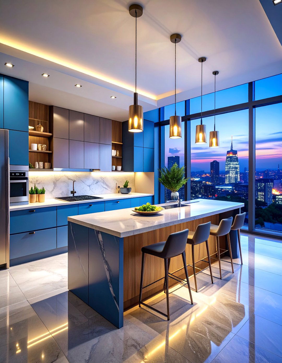 Luxury Penthouse Kitchen with City Views - 25 One Wall Kitchen Ideas