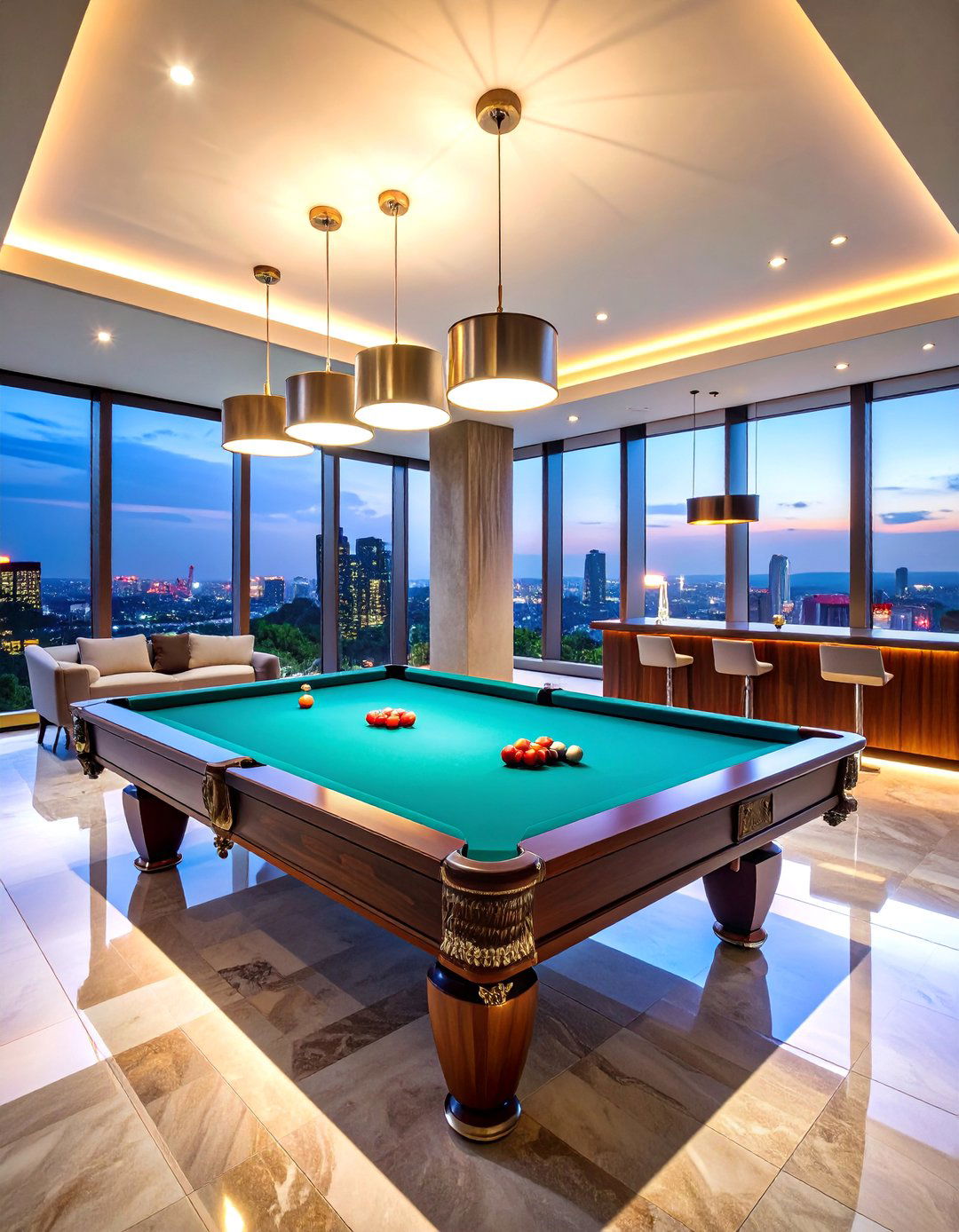 Luxury Penthouse Pool Table Room with City Views - 25 Pool Table Room Ideas