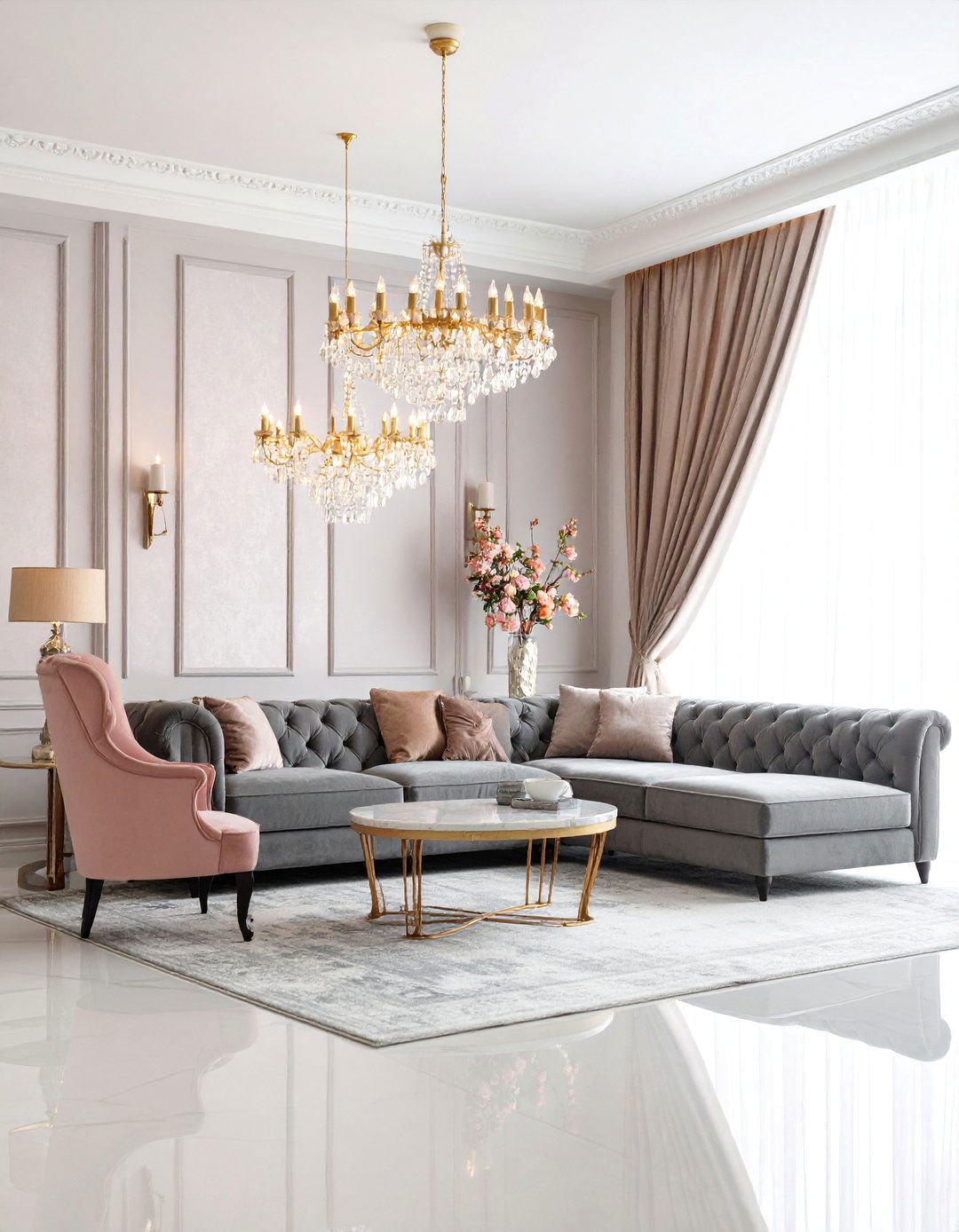 Luxury Pink and Grey Master Suite Living Area - 25 Pink and Grey Living Room Ideas