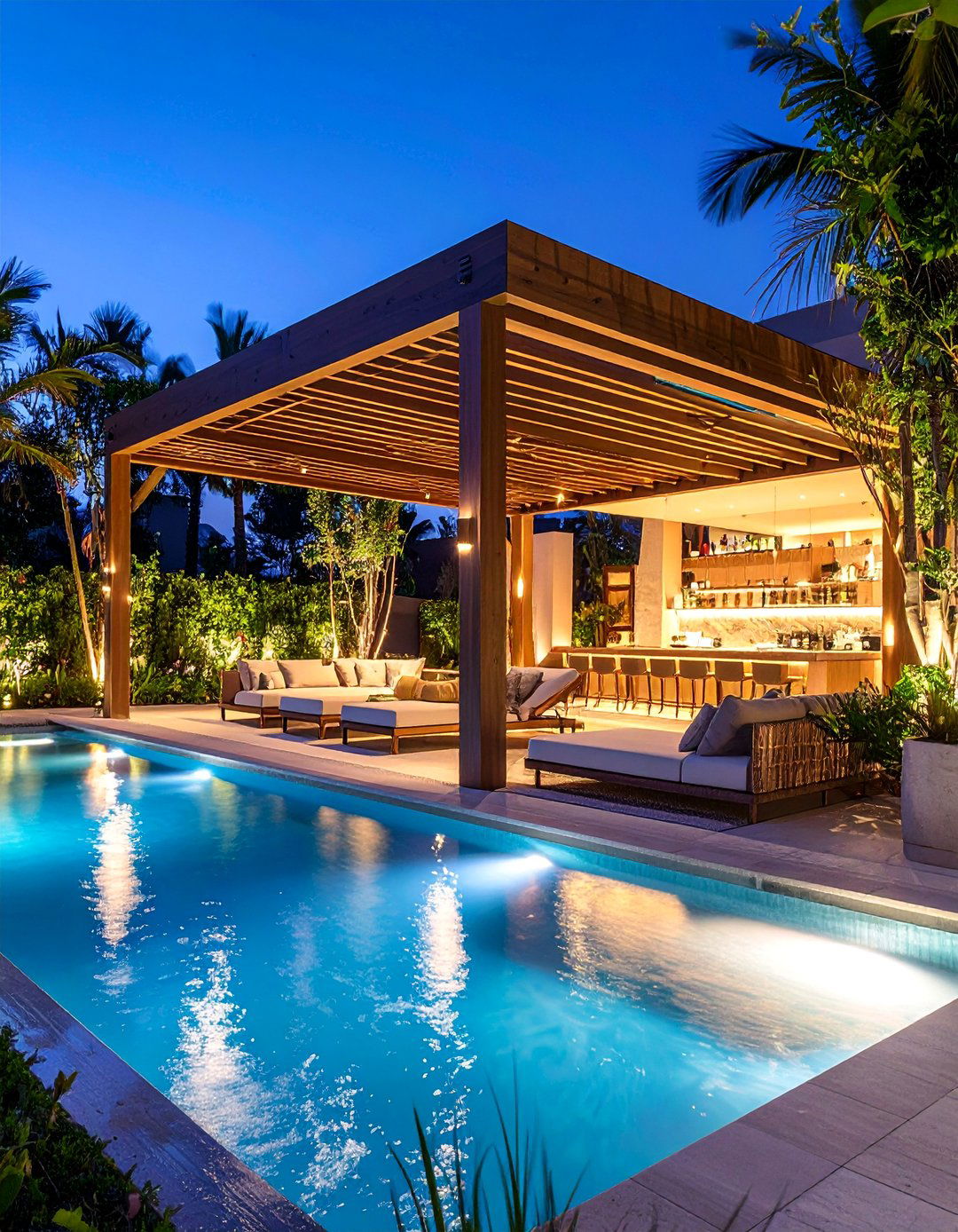 Luxury Resort Style Pergola with Water Features - 25 Patio With a Pergola Ideas