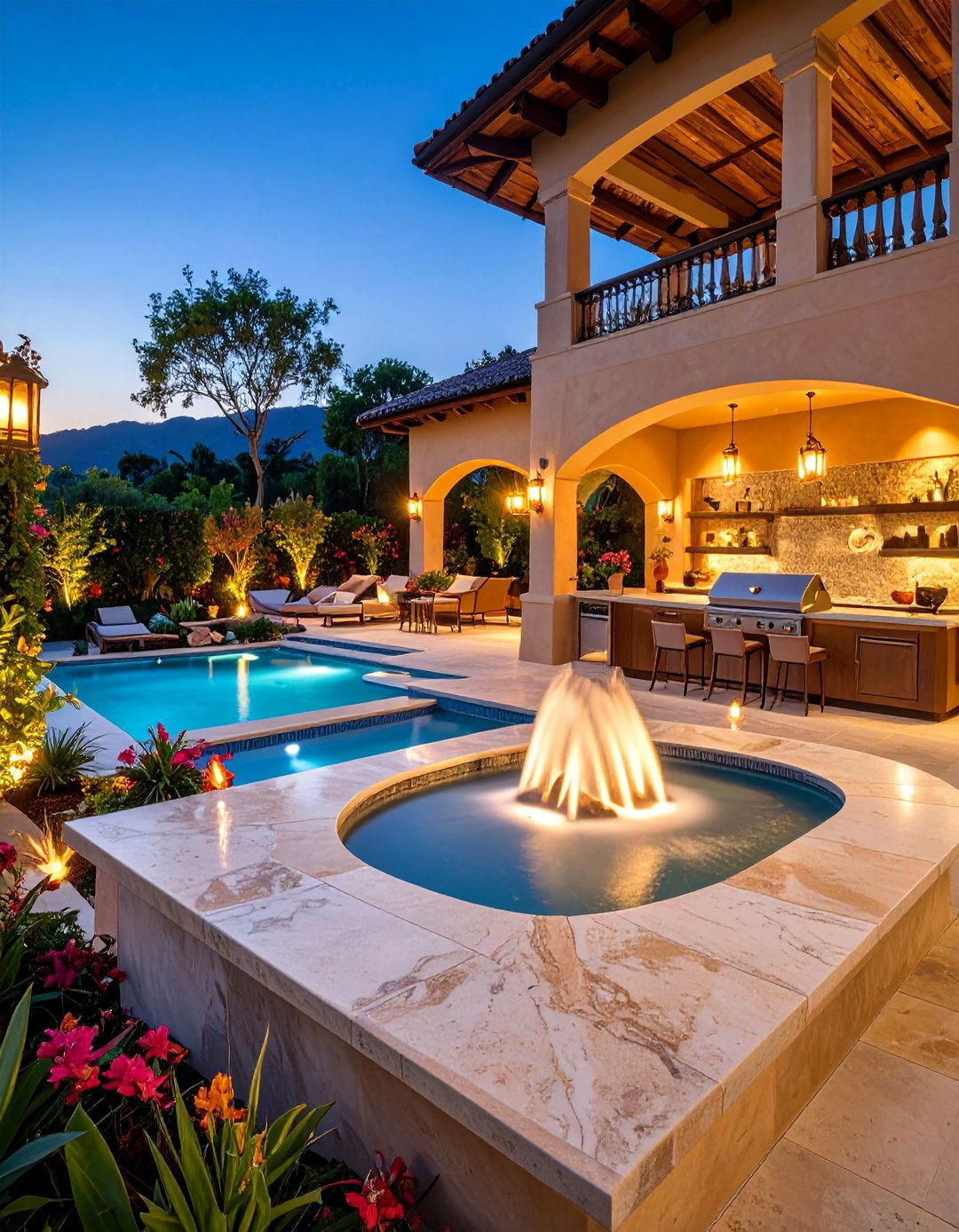 Luxury Resort Style Stucco Outdoor Kitchen with Water Feature - 25 Stucco Outdoor Kitchen Ideas