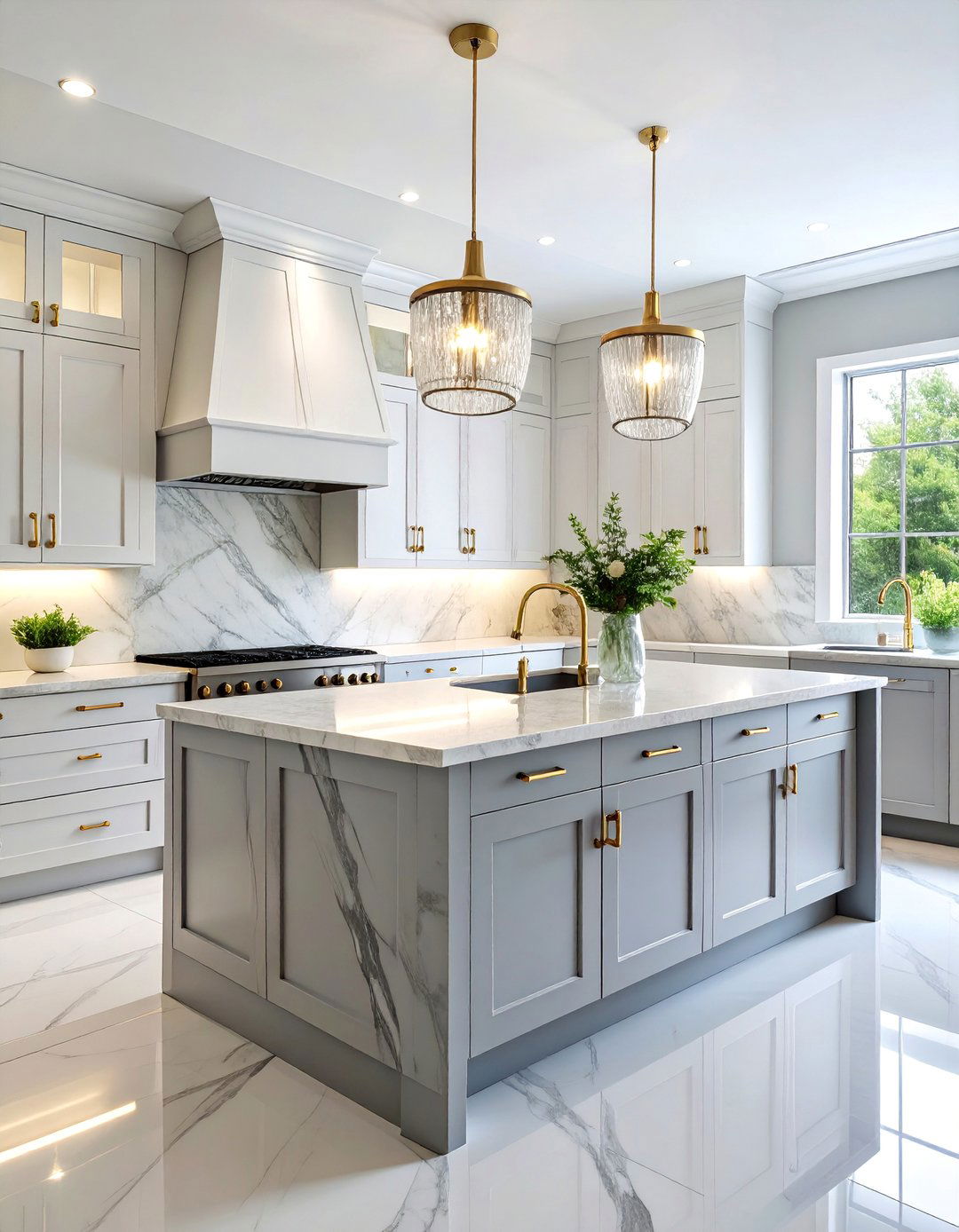 Luxury Transitional Kitchen with Marble Look Grey Quartz - 25 Grey and White Kitchen Designs