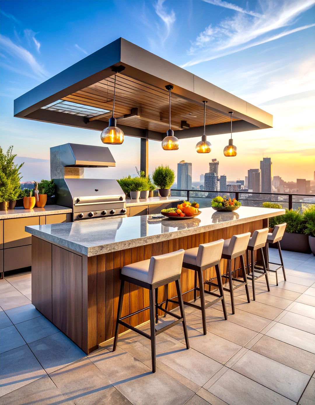 Luxury U Shaped Rooftop Kitchen with Entertainment Bar - 25 Rooftop Kitchen Ideas
