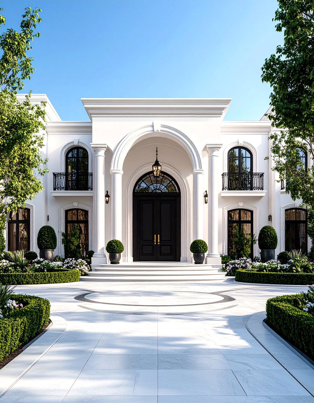 Luxury White Estate with Grand Black Entrance - 25 White House Ideas With Black Doors