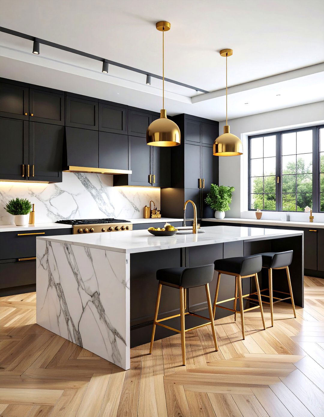 Luxury White Kitchen with Black Island and Gold Accents - 25 white kitchen ideas with black island