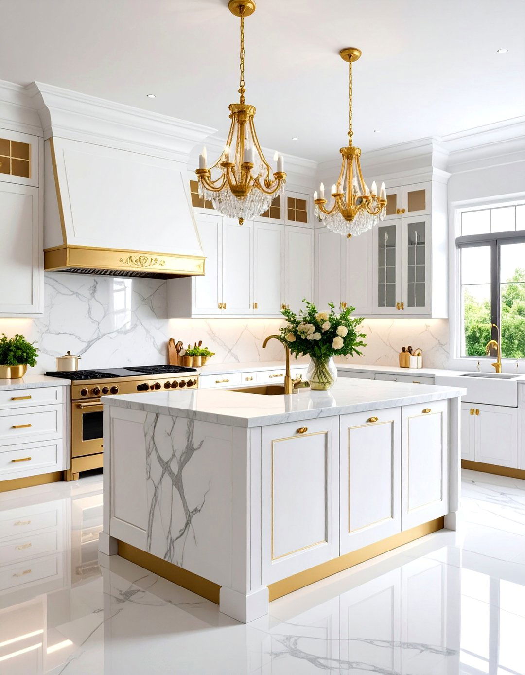 Luxury White Kitchen with Gold Leaf Accent Details - 25 White and Gold Kitchen Ideas