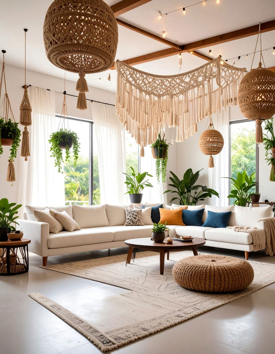 Macrame Ceiling Installation with Dramatic Lighting - 25 Black and White Boho Living Room Ideas
