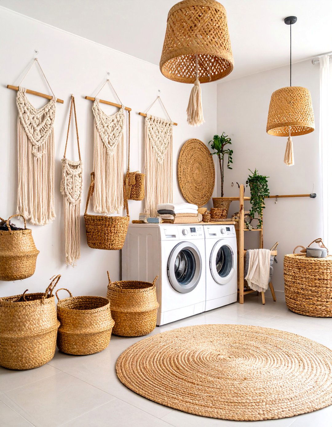 Macrame Storage Wall with Natural Baskets - 25 Boho Laundry Room Ideas