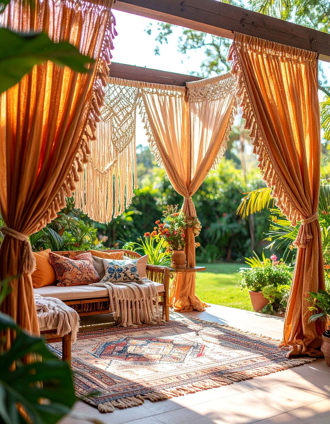 Macrame Trimmed Boho Outdoor Curtains - 25 Patio Curtain Ideas