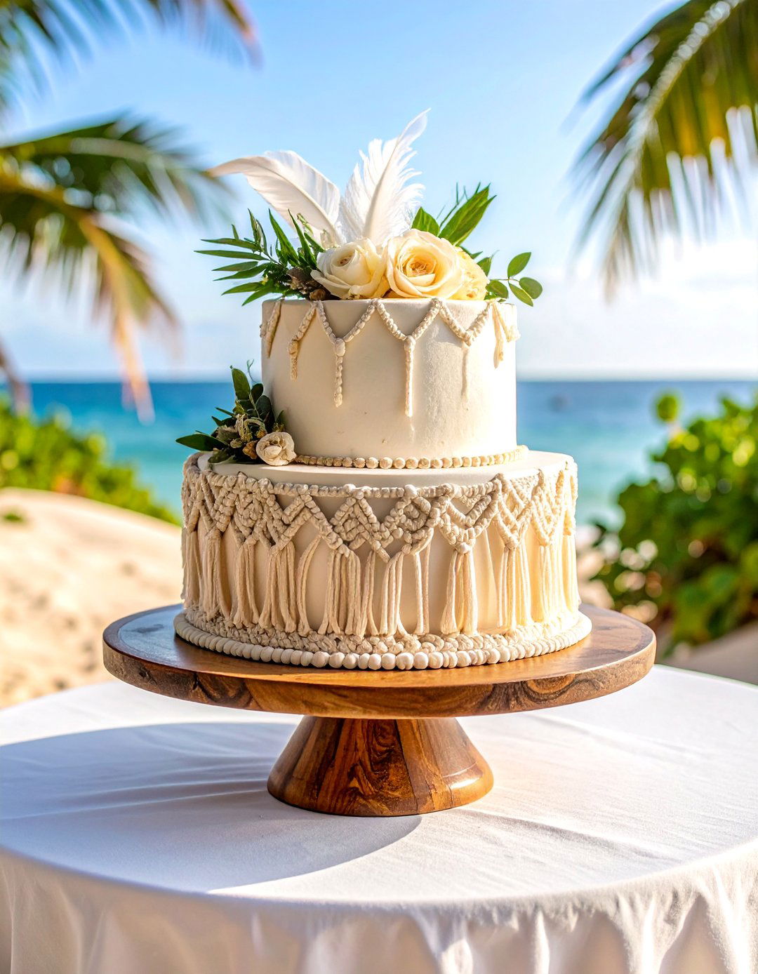 Macrame and Feather Naked Cake with Boho Elements - 25 Naked and Semi-naked Wedding Cake Ideas