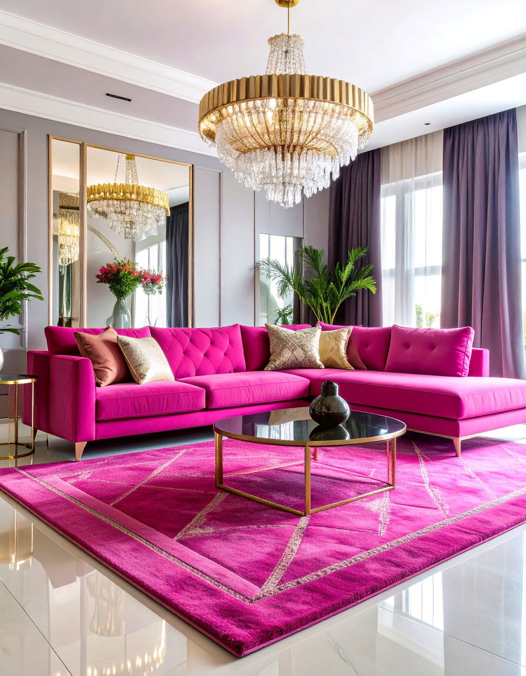 Magenta Sectional with Art Deco Flair - 25 Pink Couch Living Room Ideas