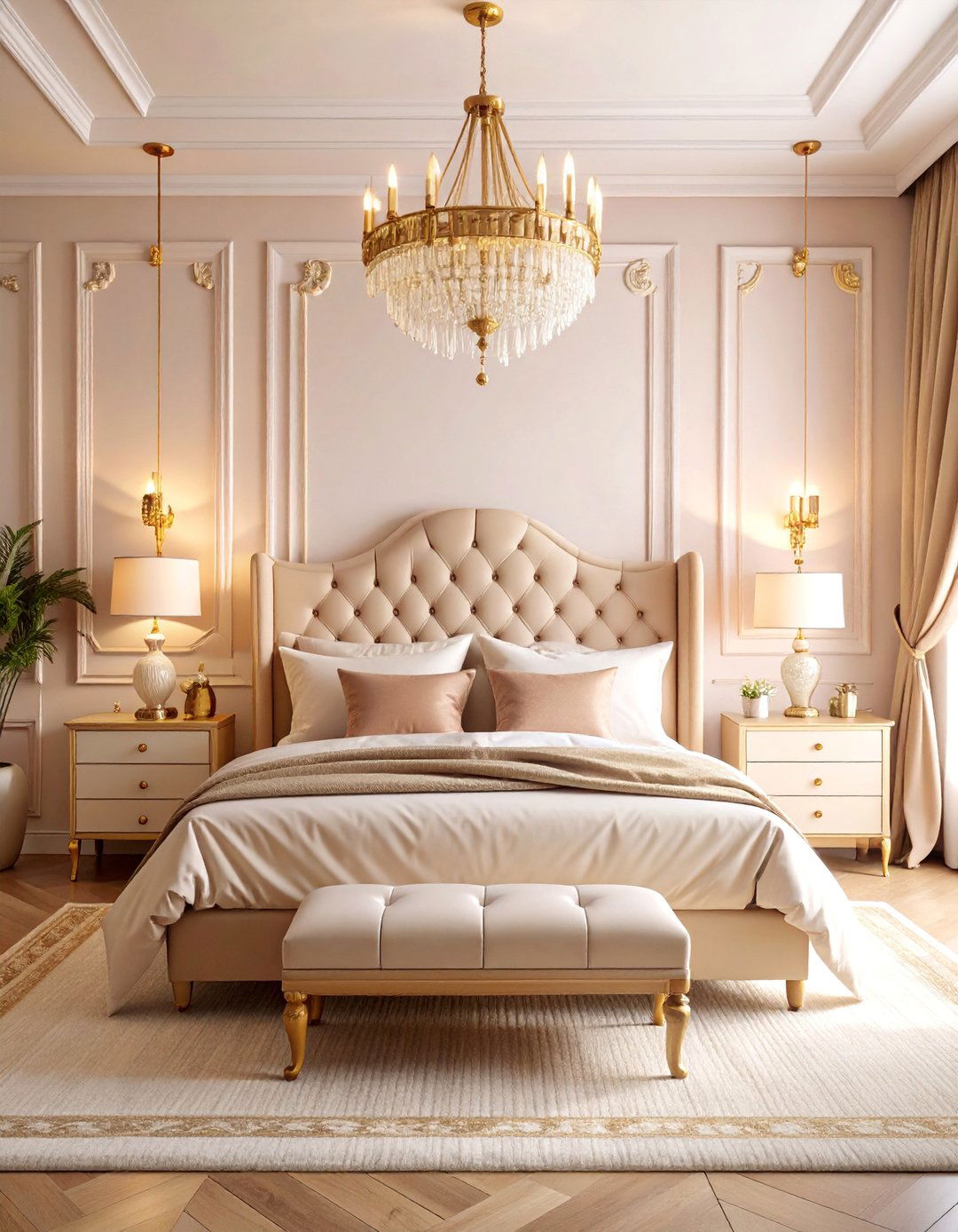 Magnolia Bedroom with Brass Hardware and Warm Metallics - 25 Magnolia Bedroom Ideas