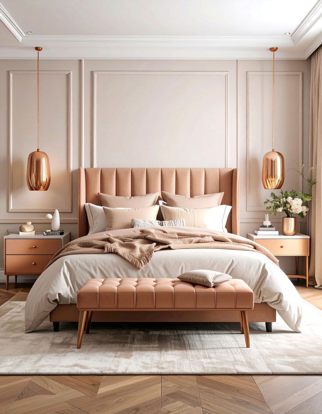 Magnolia and Copper Accent Bedroom with Warm Metallics - 25 Magnolia Bedroom Ideas