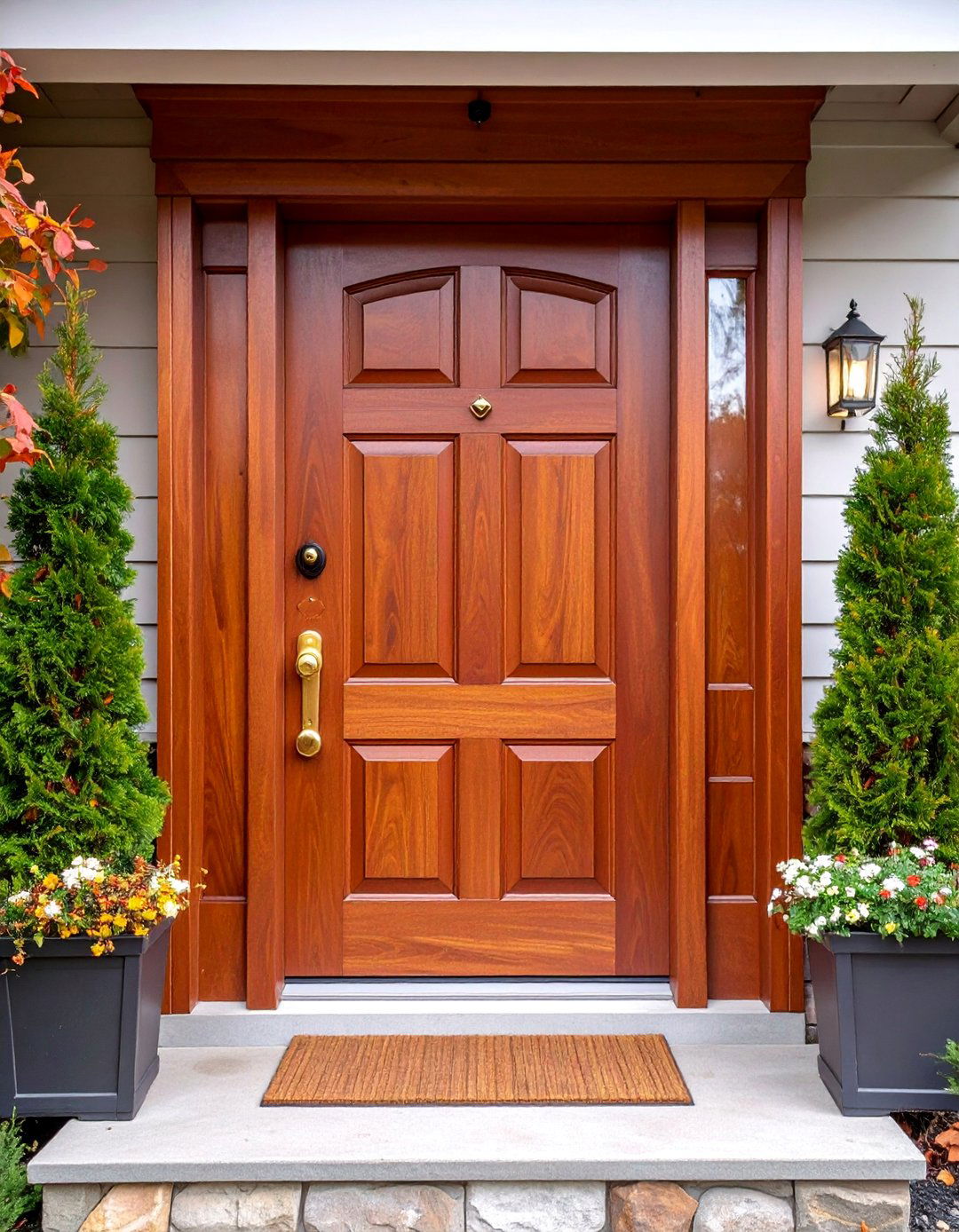 Mahogany Brown Front Door with Brass Hardware - 25 Brown Front Door Ideas