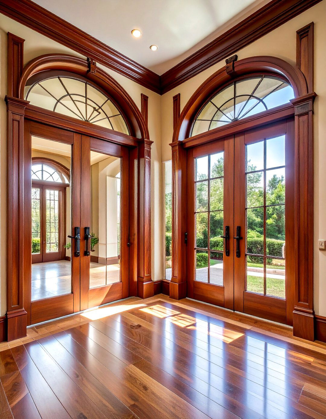 Mahogany Double Door with Glass Panels - 25 Rustic Front Door Ideas